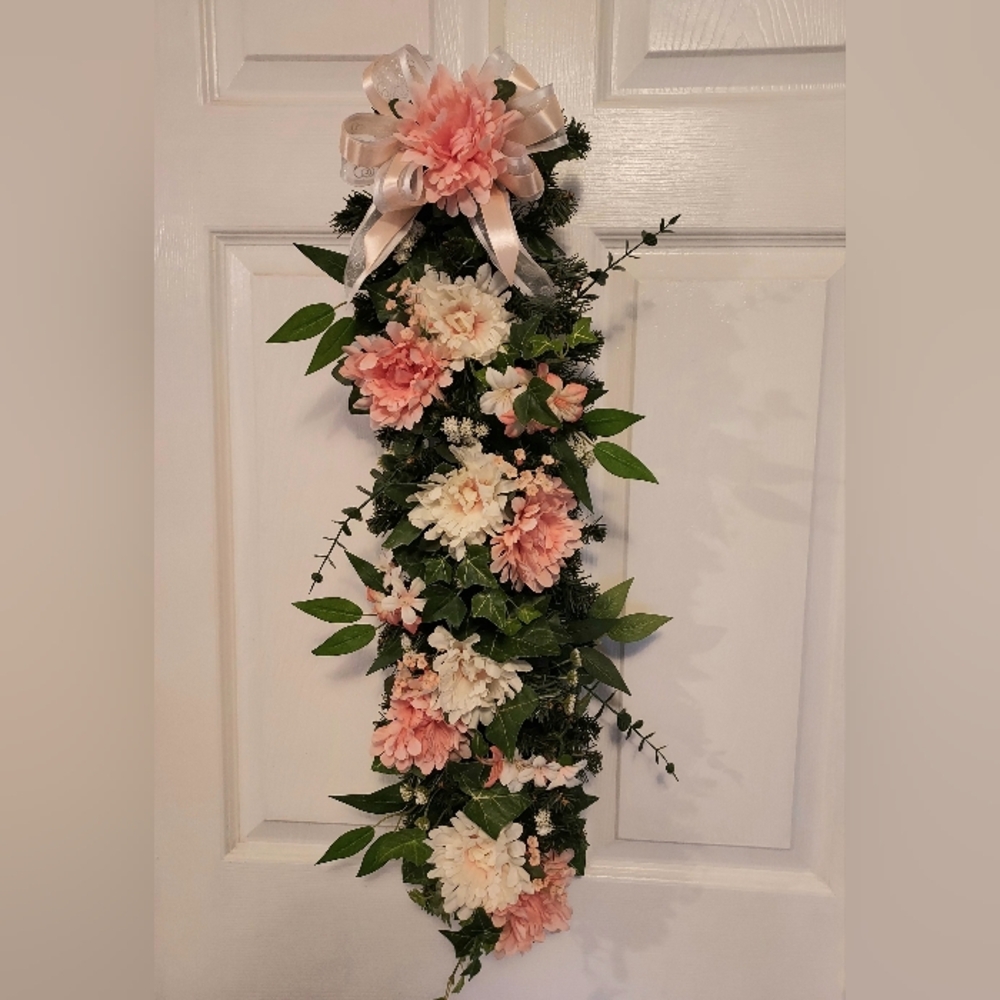 Floral Swag Wreath , Front Door Decoration , Peach & White